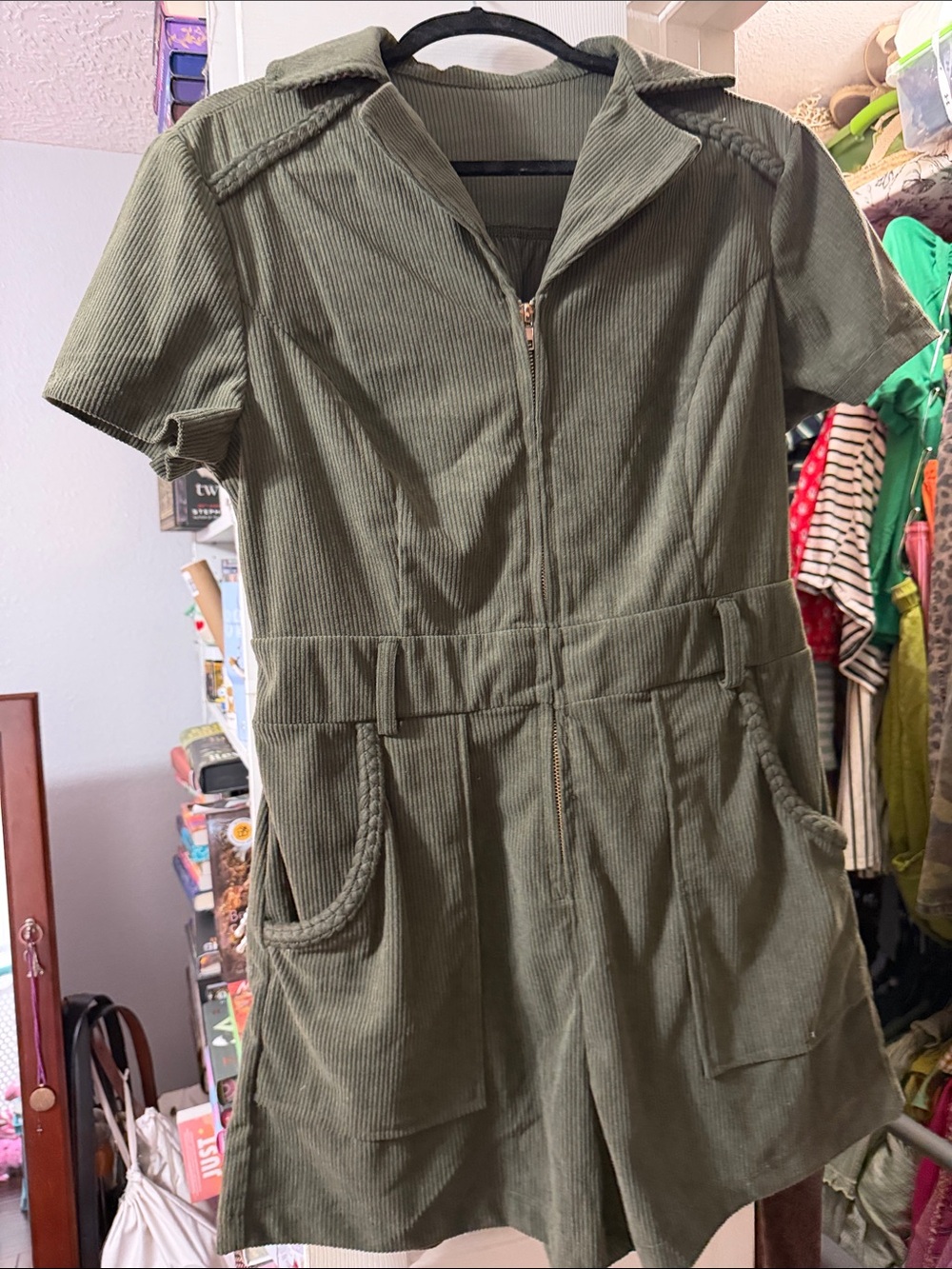 Olive Green Short Sleeve Corduroy Romper